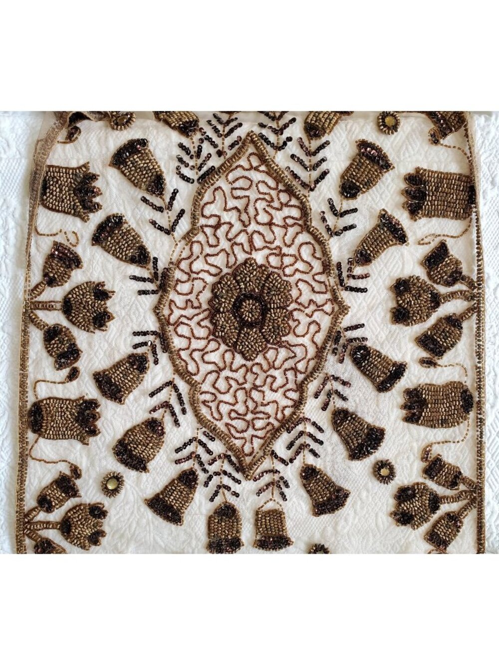 Vtg Organza Bead Table Runner 19x56" Brown Gold Sequins Embroidered Festive Boho